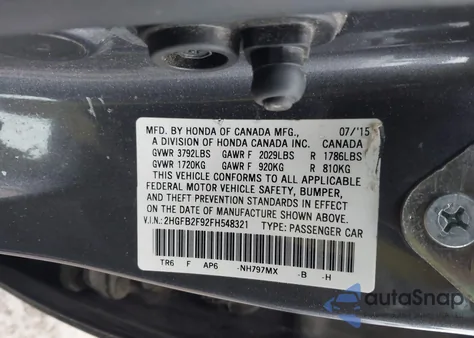 2015 Honda Civic Ex-L из США, поврежденный, VIN 2HGFB2F92FH548321